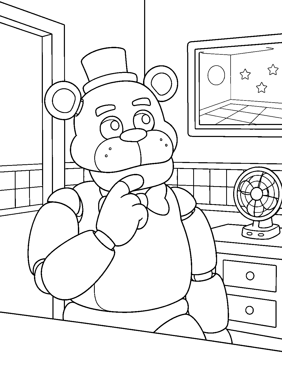 fnaf golden freddy thinking in game room line art