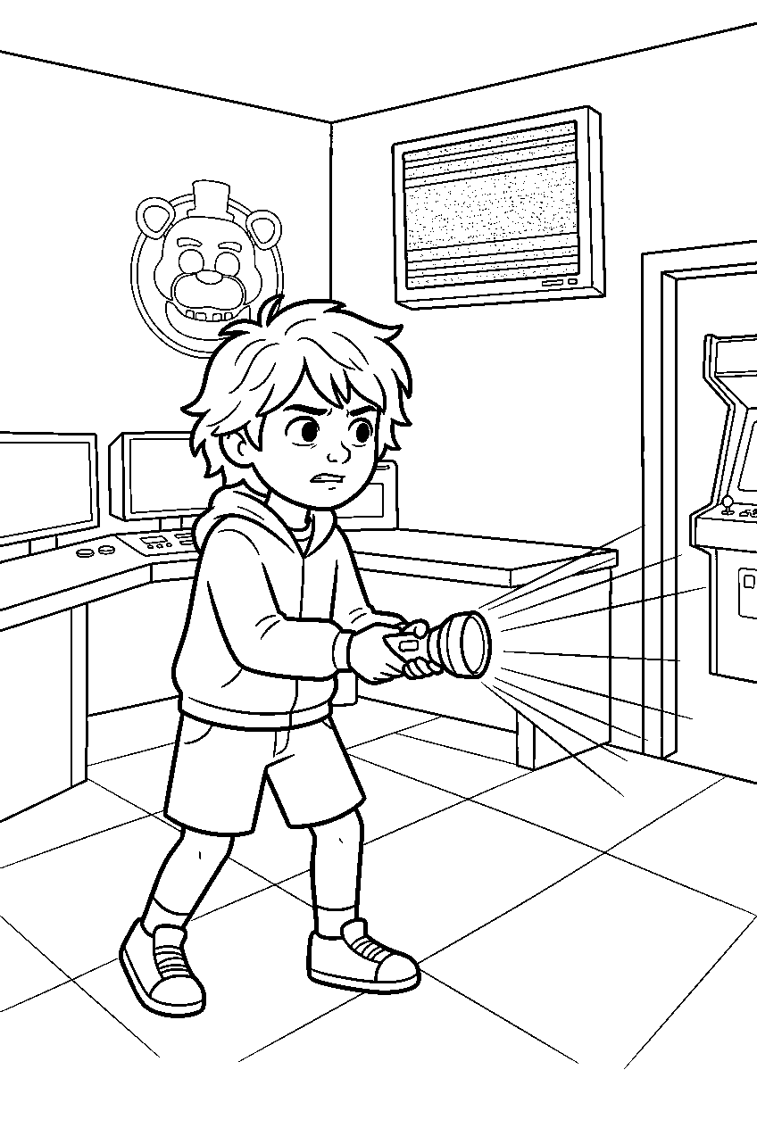 fnaf gregory shining a flashlight across the pizzaplex security office line art