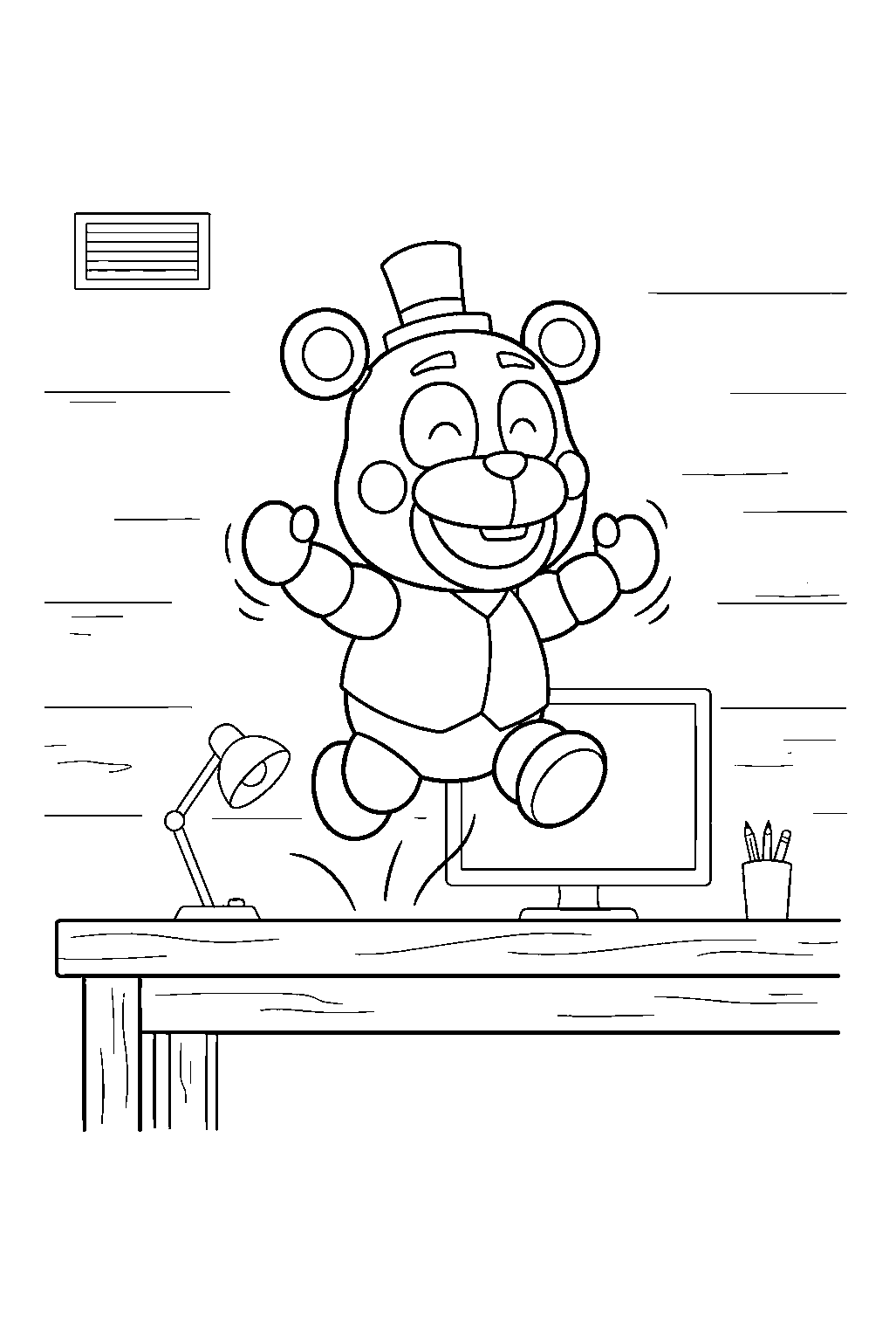 fnaf helpy bouncing on a desk inside the bright restaurant office line art