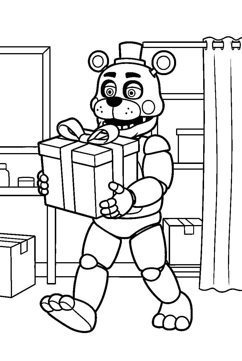 fnaf lefty carrying a gift box through the backstage storage area line art