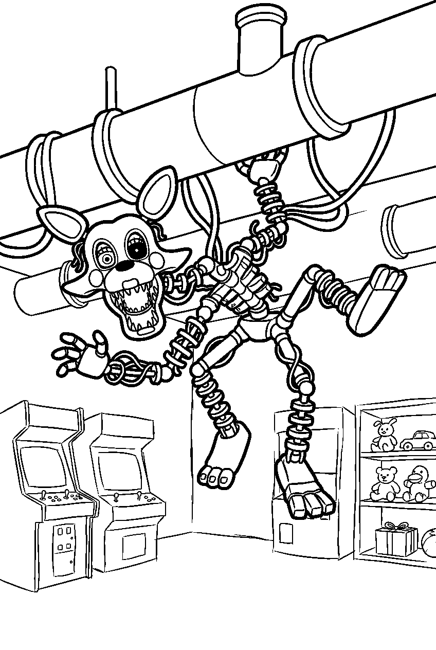 fnaf mangle climbing across exposed pipes above the prize room line art
