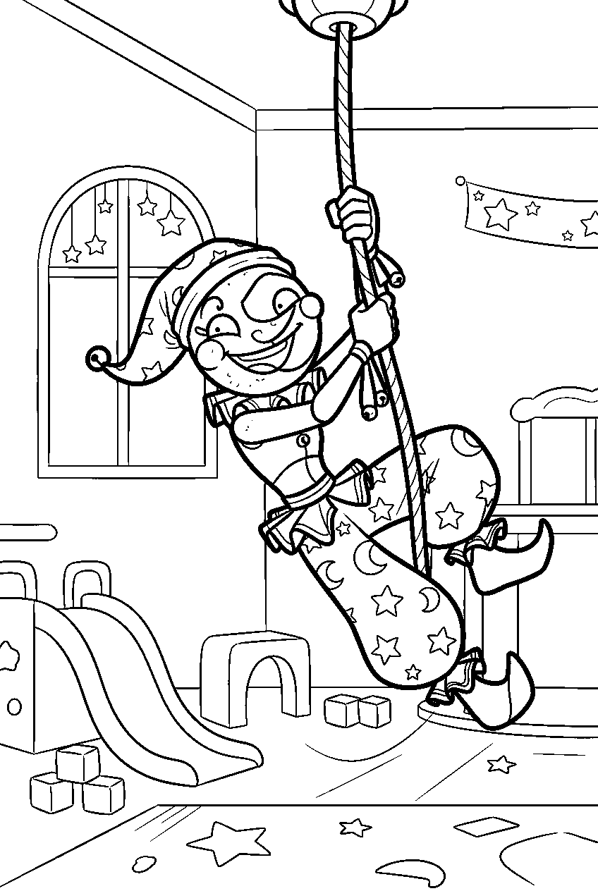 fnaf moon swinging from a cable above the daycare play area line art