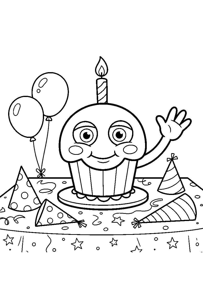 fnaf mr cupcake waving from a table covered with party hats and balloons line art