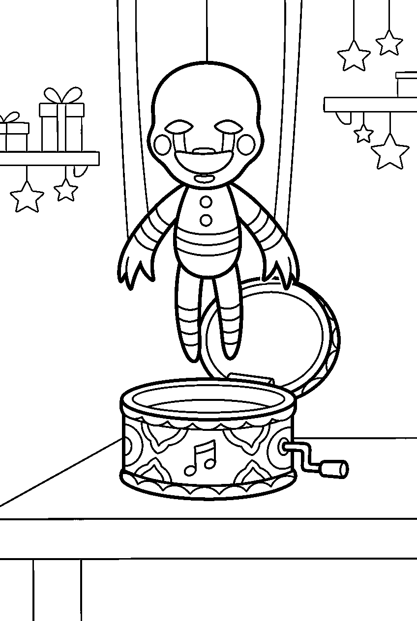 fnaf puppet floating above its music box inside the prize corner line art