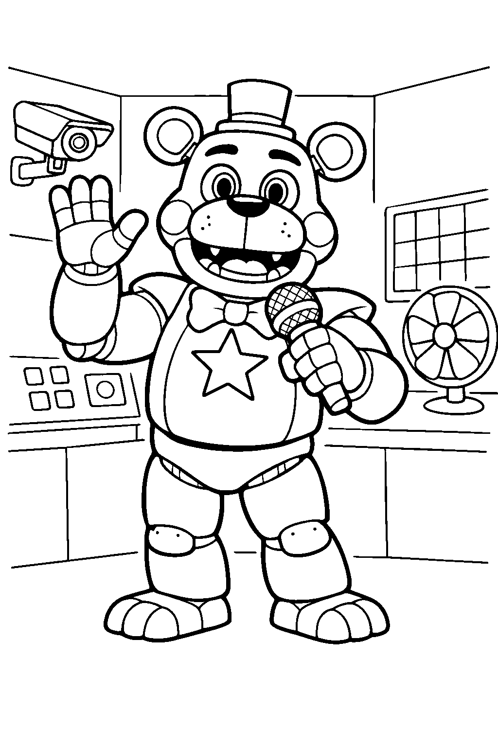 fnaf rockstar freddy posing for a photo inside a control room line art