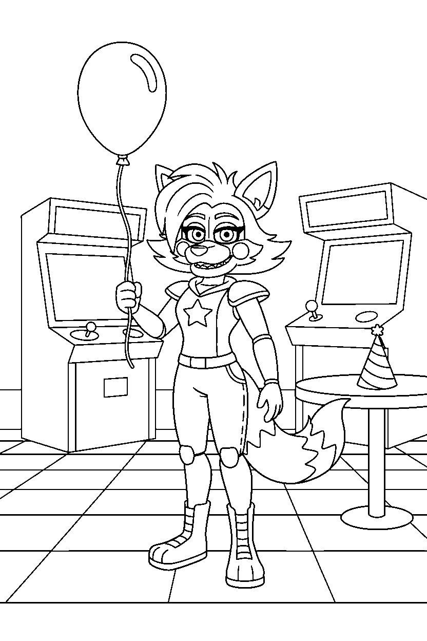 fnaf roxanne wolf holding a balloon in a game room line art