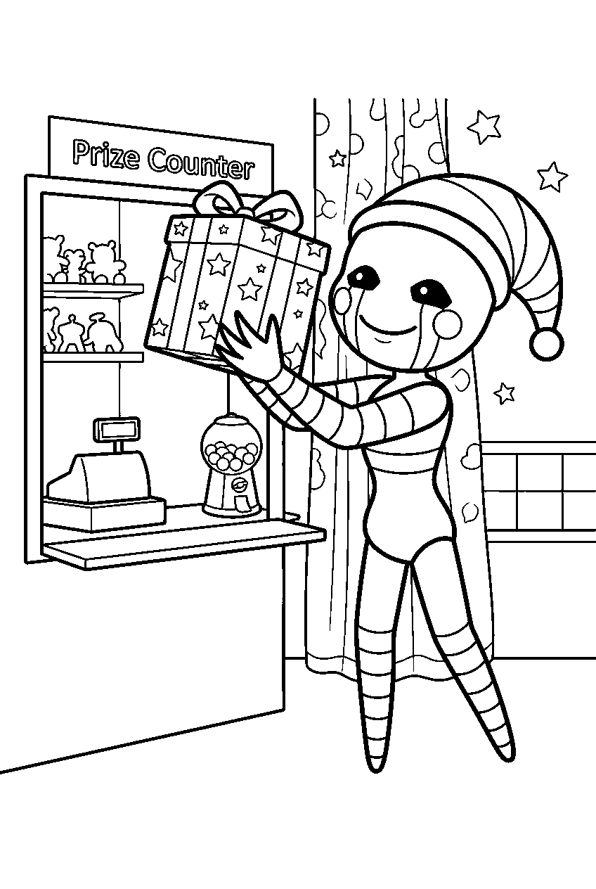 fnaf security puppet lifting a gift box beside the prize counter line art