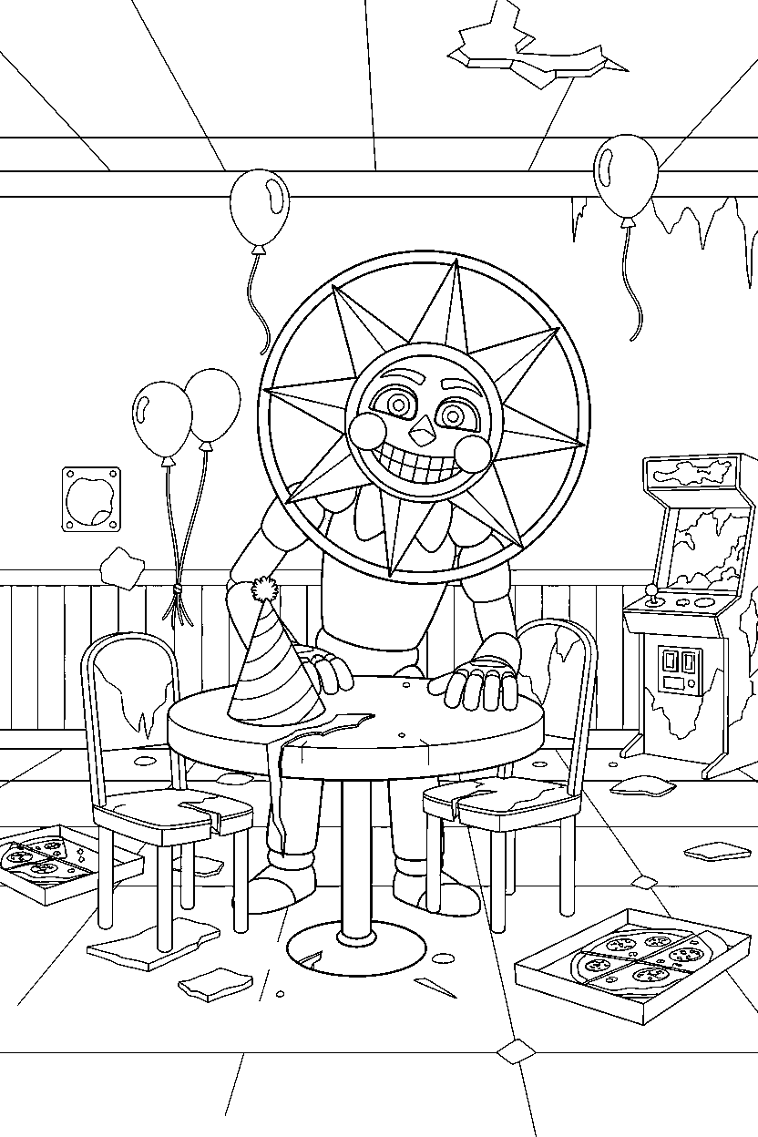 fnaf sun animatronic observing in abandoned pizzeria line art