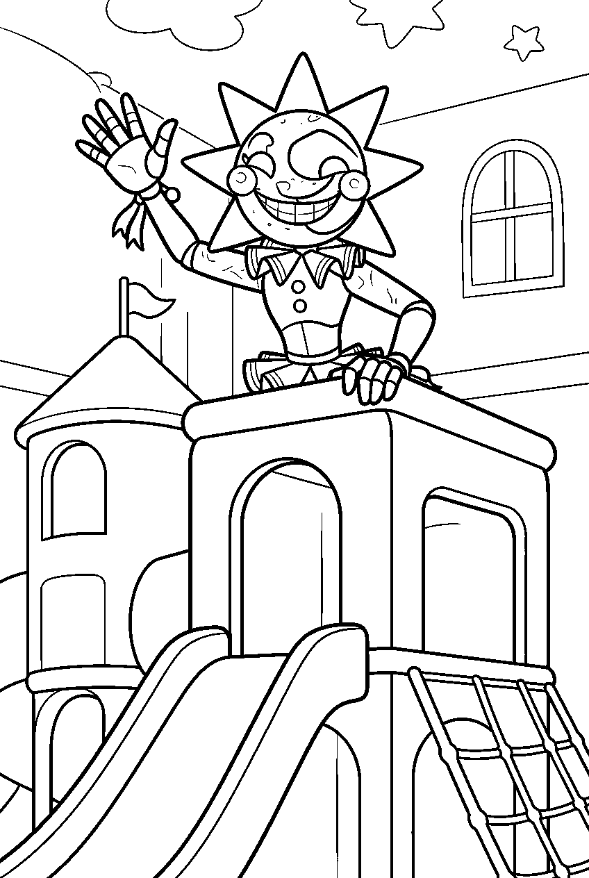fnaf sun waving from the top of the colorful daycare play structure line art