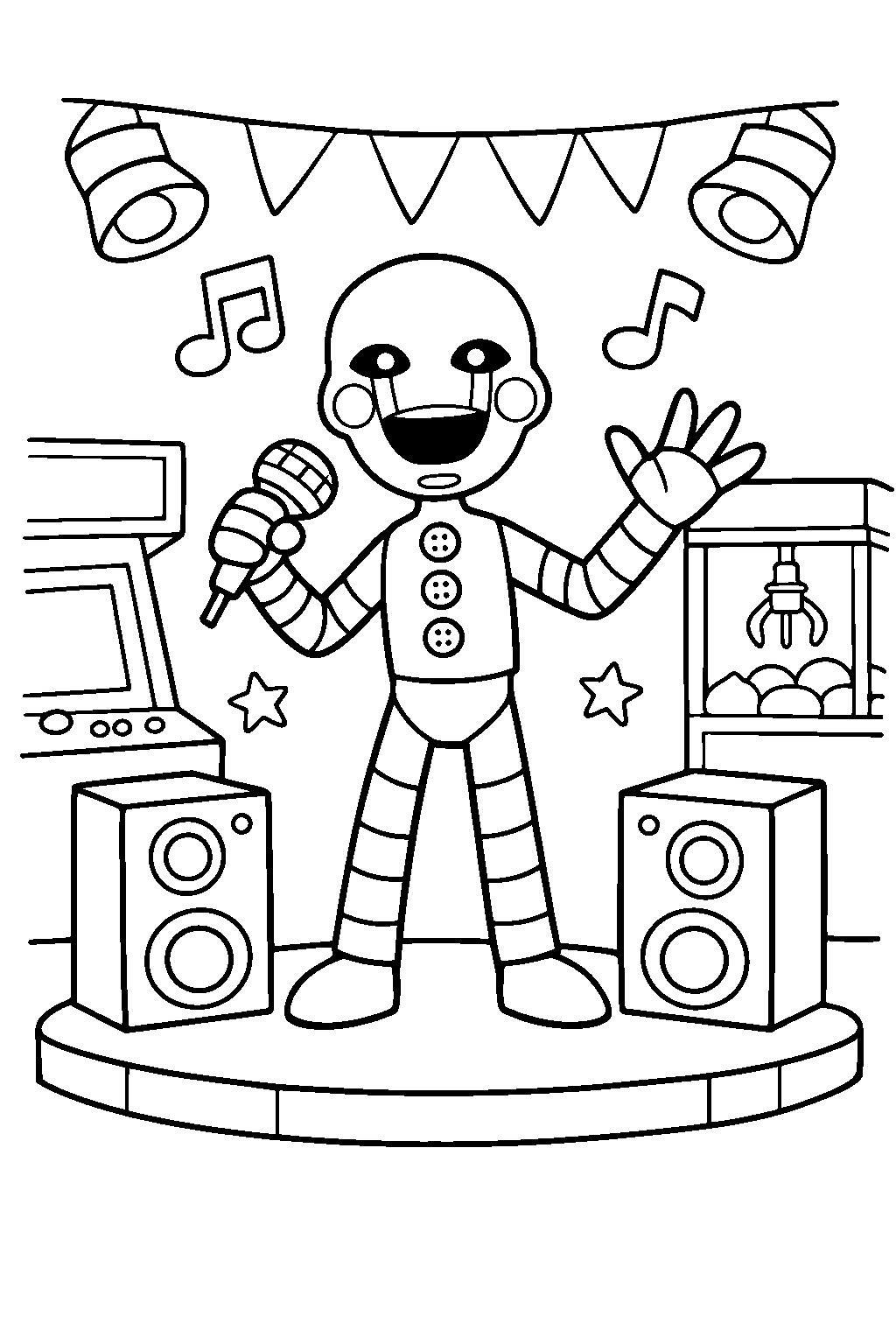 fnaf the puppet performing on stage in a game arcade line art