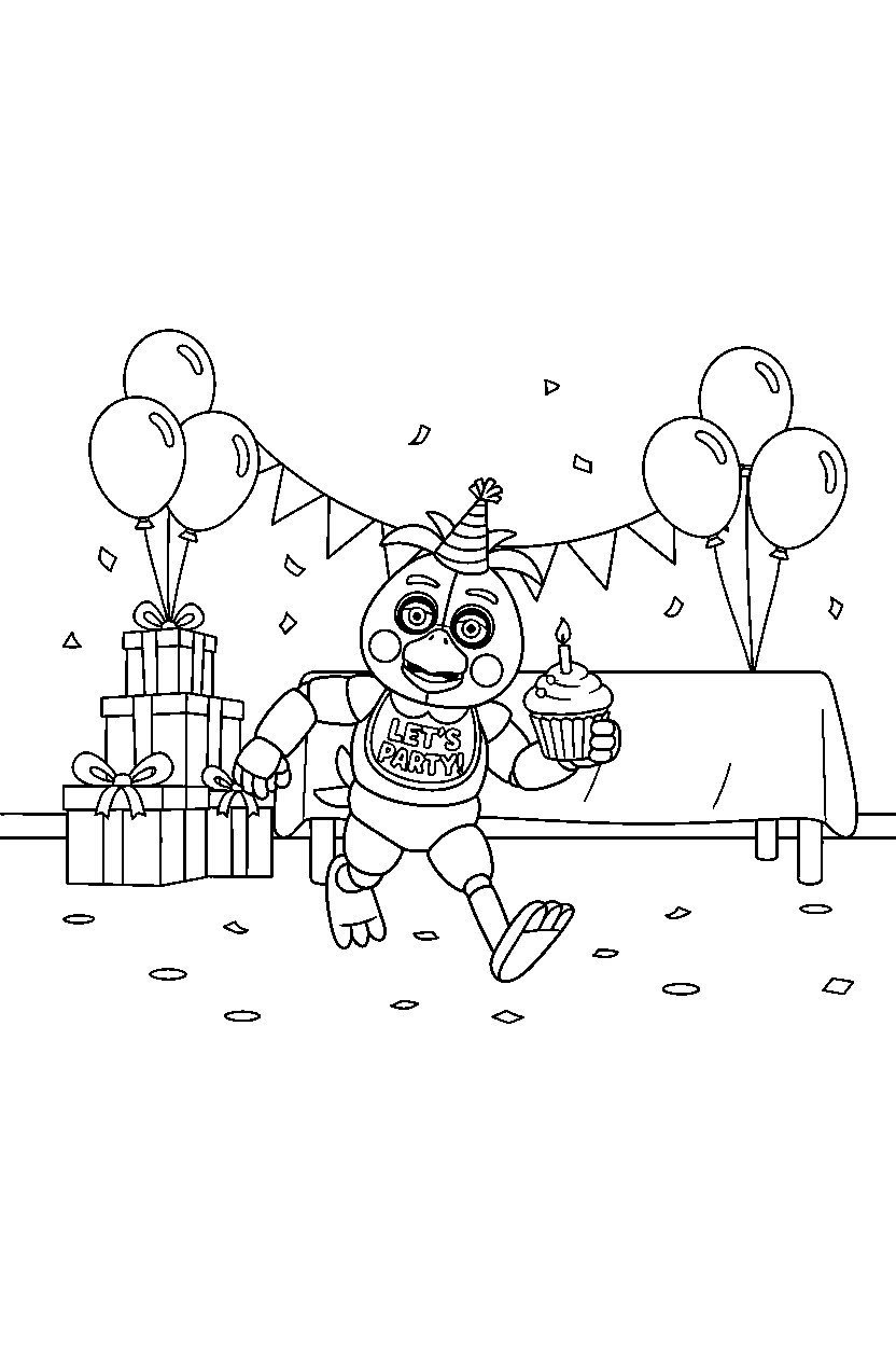 fnaf toy chica running in birthday room line art