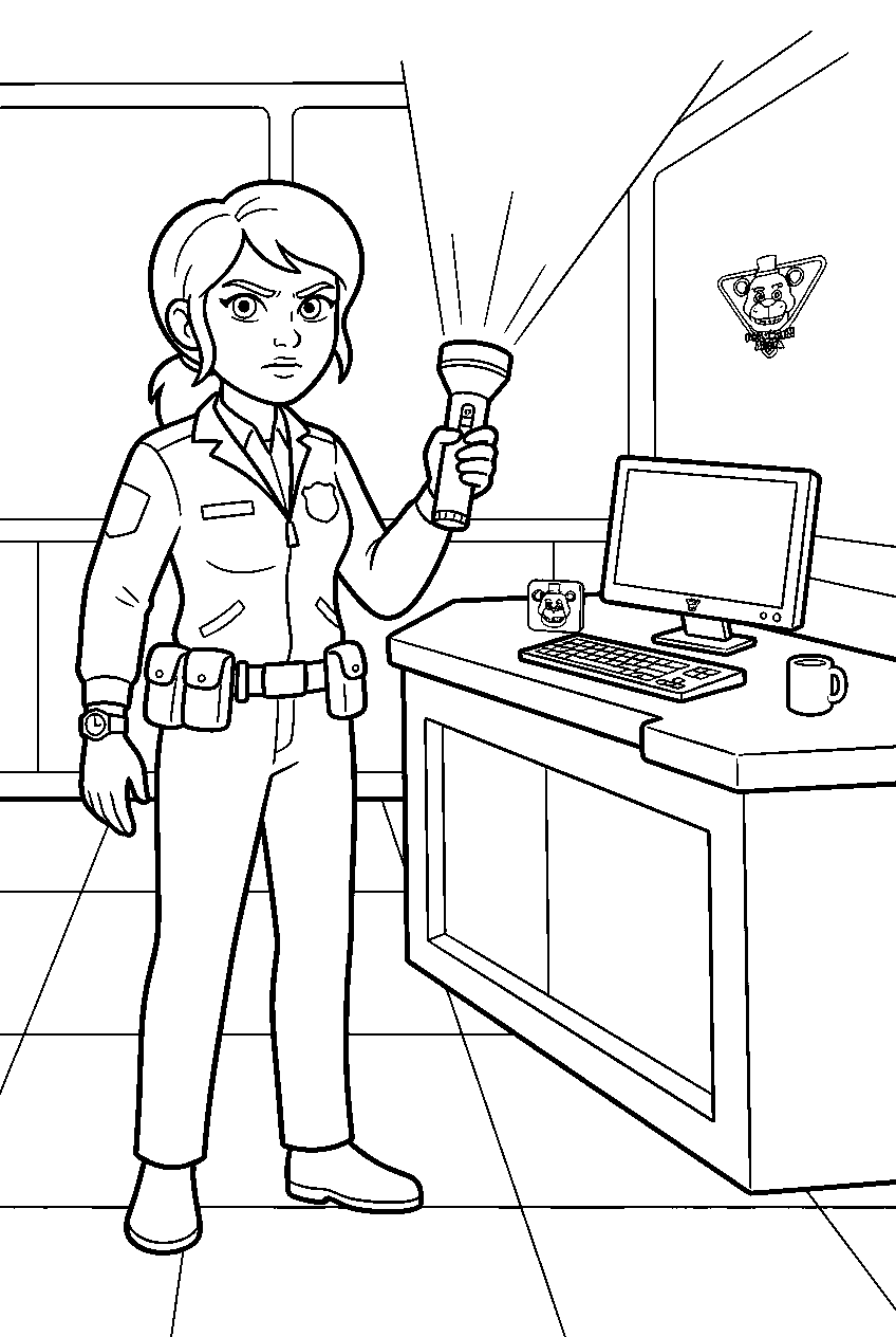 fnaf vanessa holding a flashlight beside the pizzaplex security desk line art