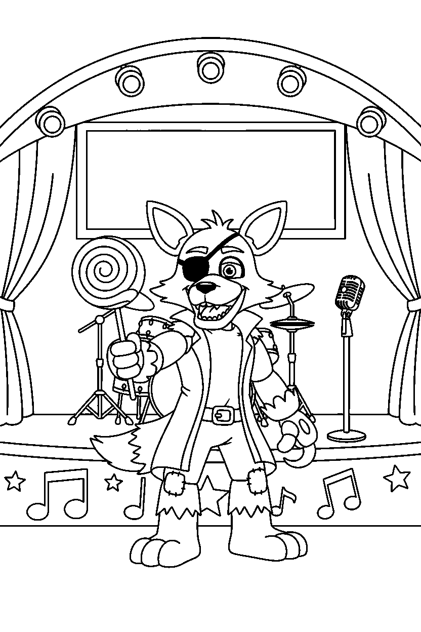 foxy the pirate fox fnaf animatronic holding a candy in a music stage hall line art