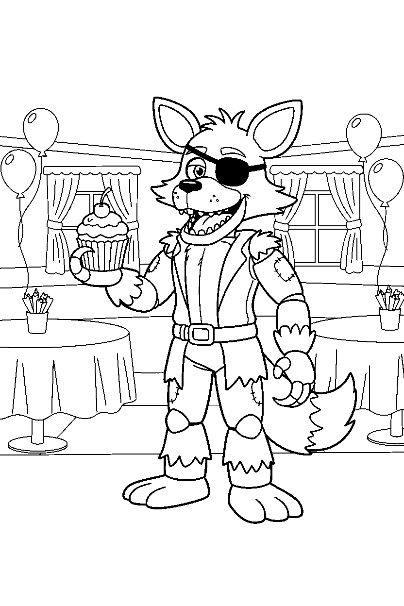 foxy the pirate fox fnaf animatronic holding a cupcake in a colorful entertainment hall line art