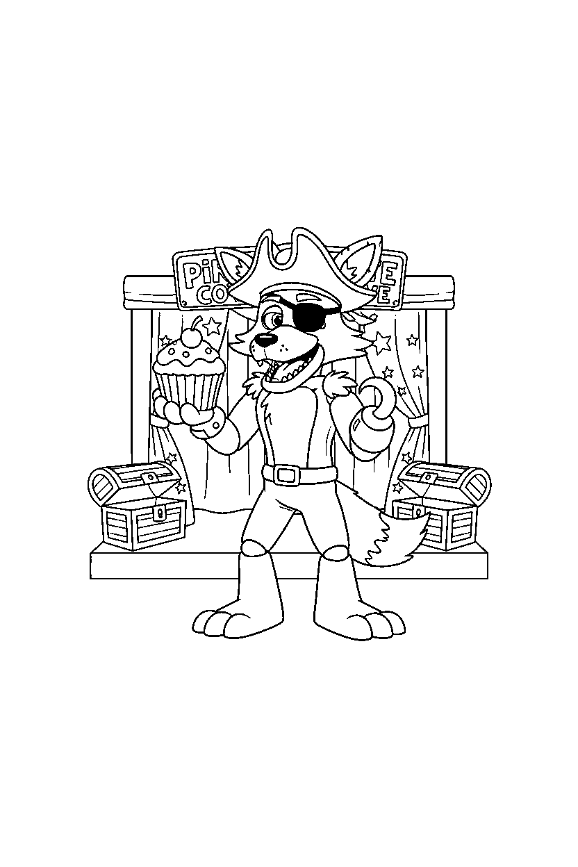foxy the pirate fox fnaf animatronic holding a cupcake in a show stage area line art