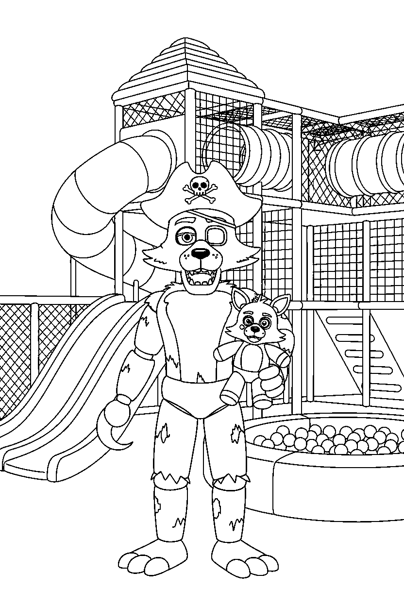 foxy the pirate fox fnaf animatronic holding a plush toy inside an indoor play area line art