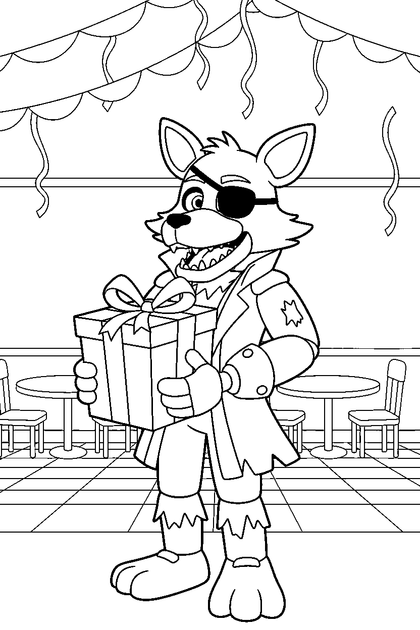 foxy the pirate fox fnaf animatronic holding a present in a pizzeria dining area line art