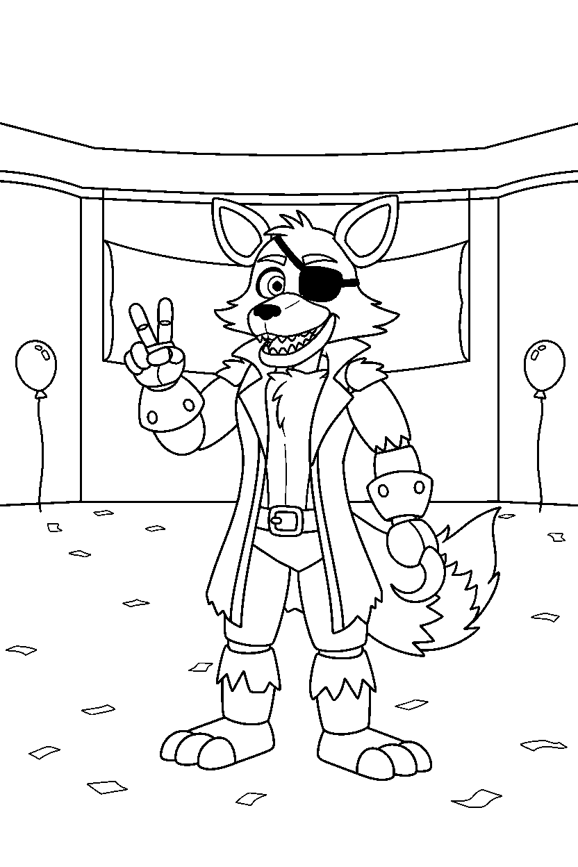 foxy the pirate fox fnaf animatronic making a peace sign inside a cartoon party hall line art
