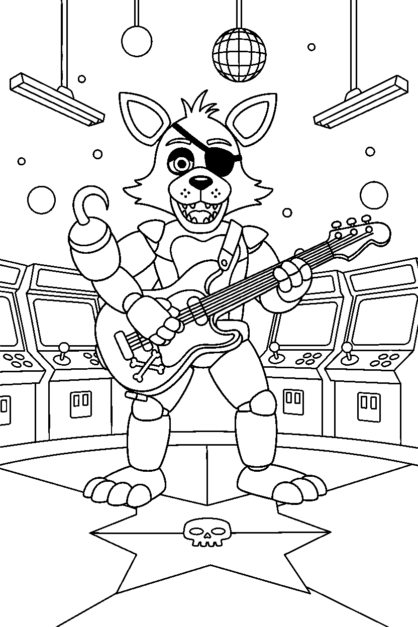 foxy the pirate fox fnaf animatronic playing guitar in a bright game arcade line art