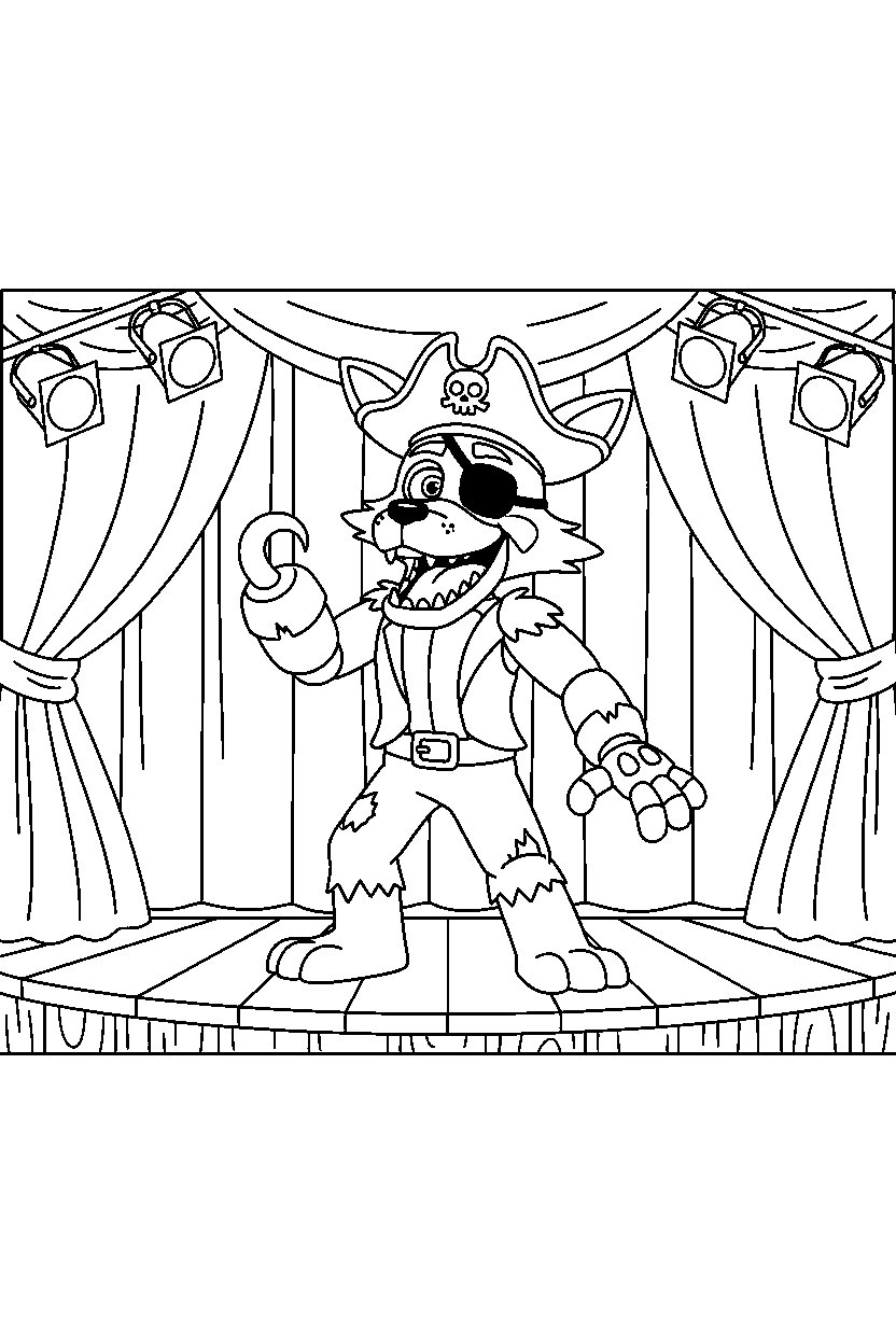 foxy the pirate fox fnaf animatronic posing happily on a performance stage line art