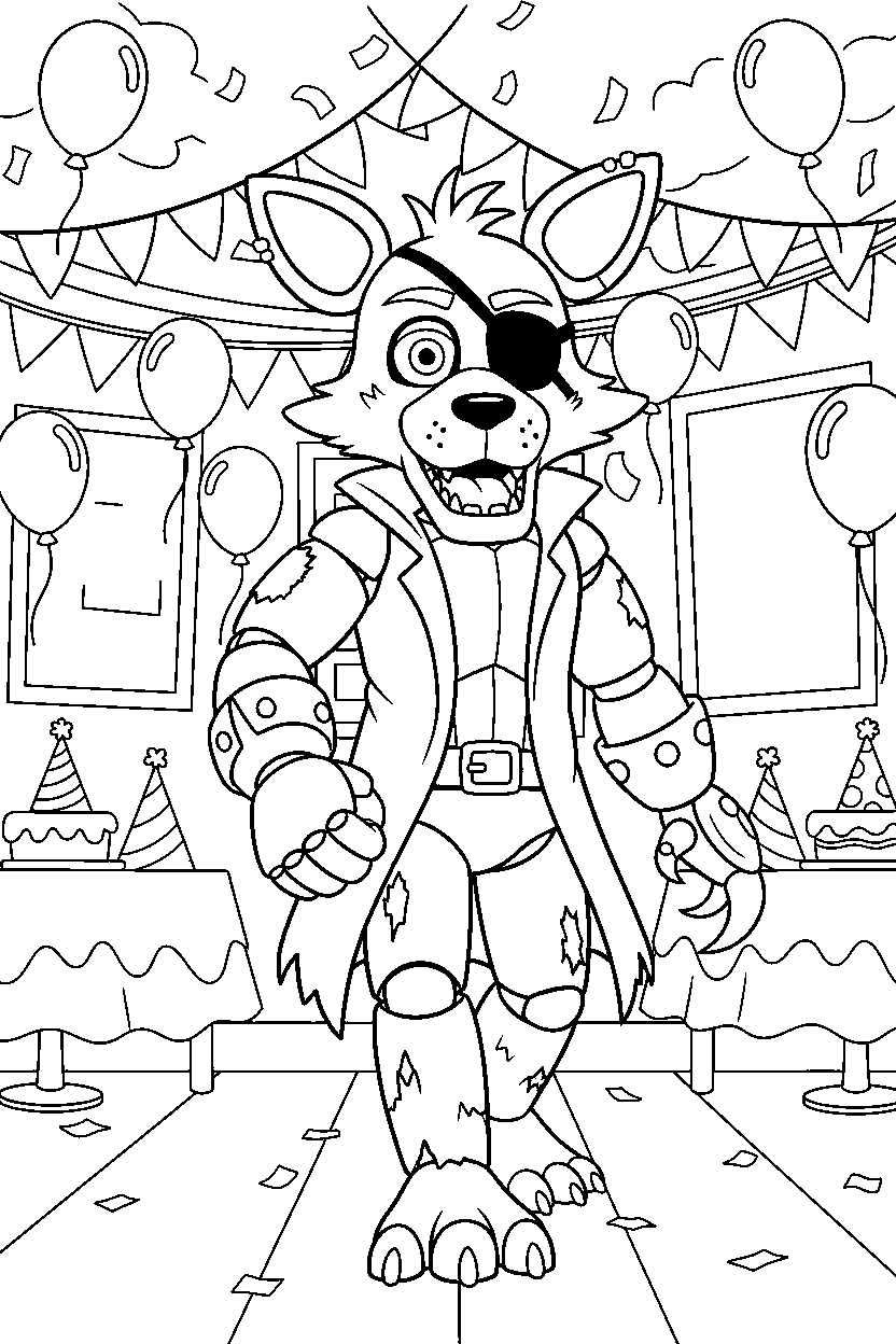foxy the pirate fox fnaf animatronic walking forward in a colorful party hall line art