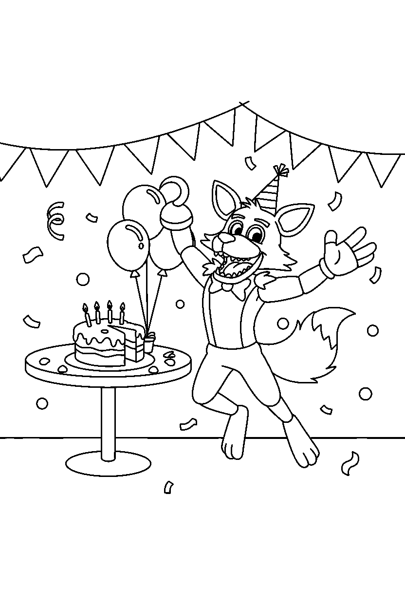 foxy the pirate fox from five nights at freddy s celebrating happily in a birthday celebration room line art