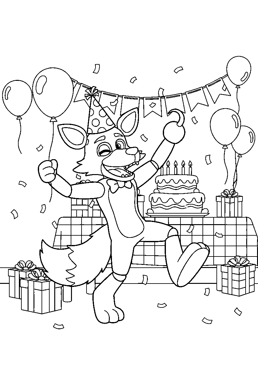 foxy the pirate fox from five nights at freddy s dancing happily in a birthday celebration room line art