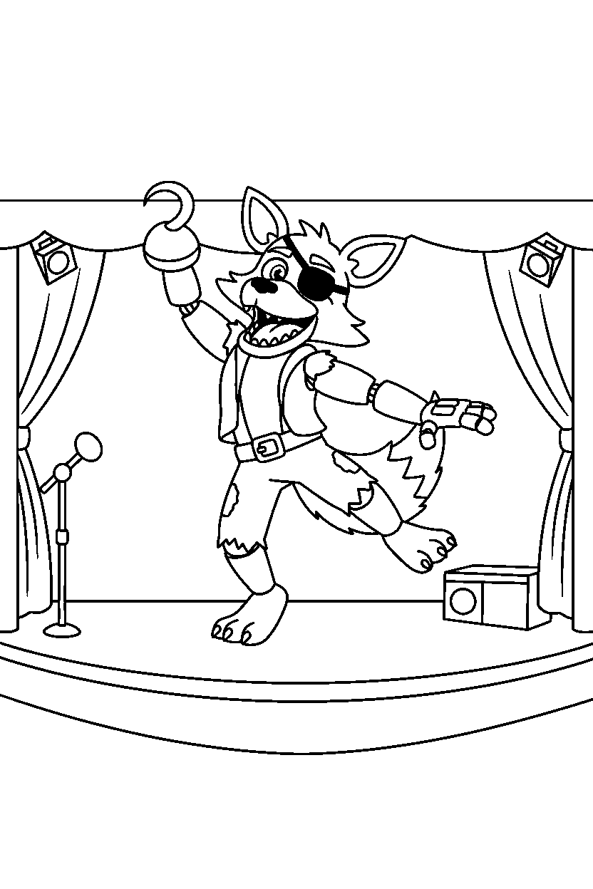 foxy the pirate fox from five nights at freddy s dancing happily in a music stage hall line art