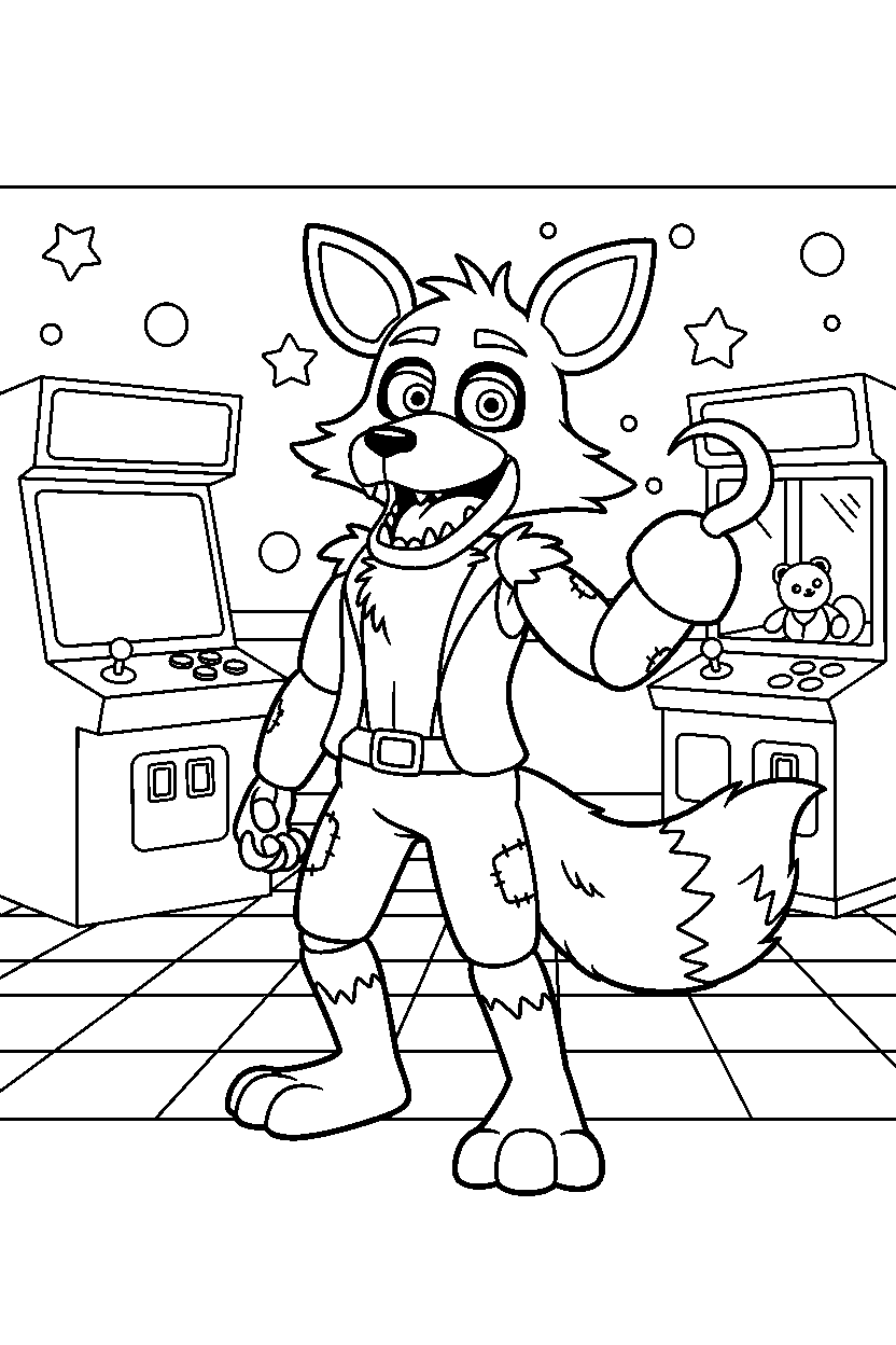 foxy the pirate fox from five nights at freddy s greeting happily in a bright game arcade line art