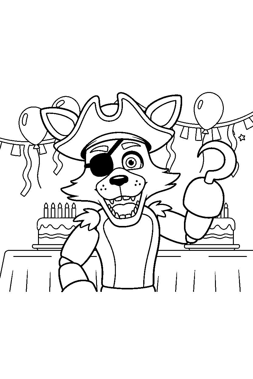 foxy the pirate fox from five nights at freddy s greeting happily in a bright party room line art