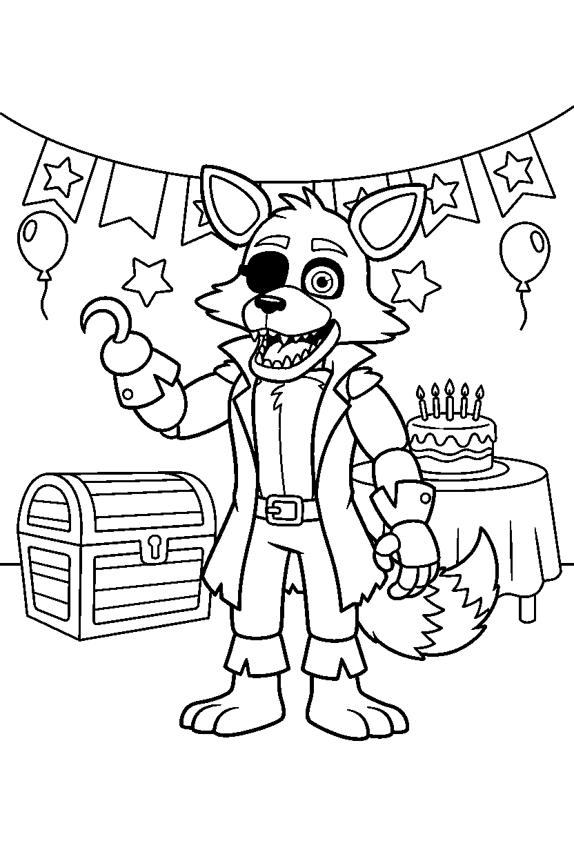 foxy the pirate fox from five nights at freddy s greeting happily in a decorated playroom line art