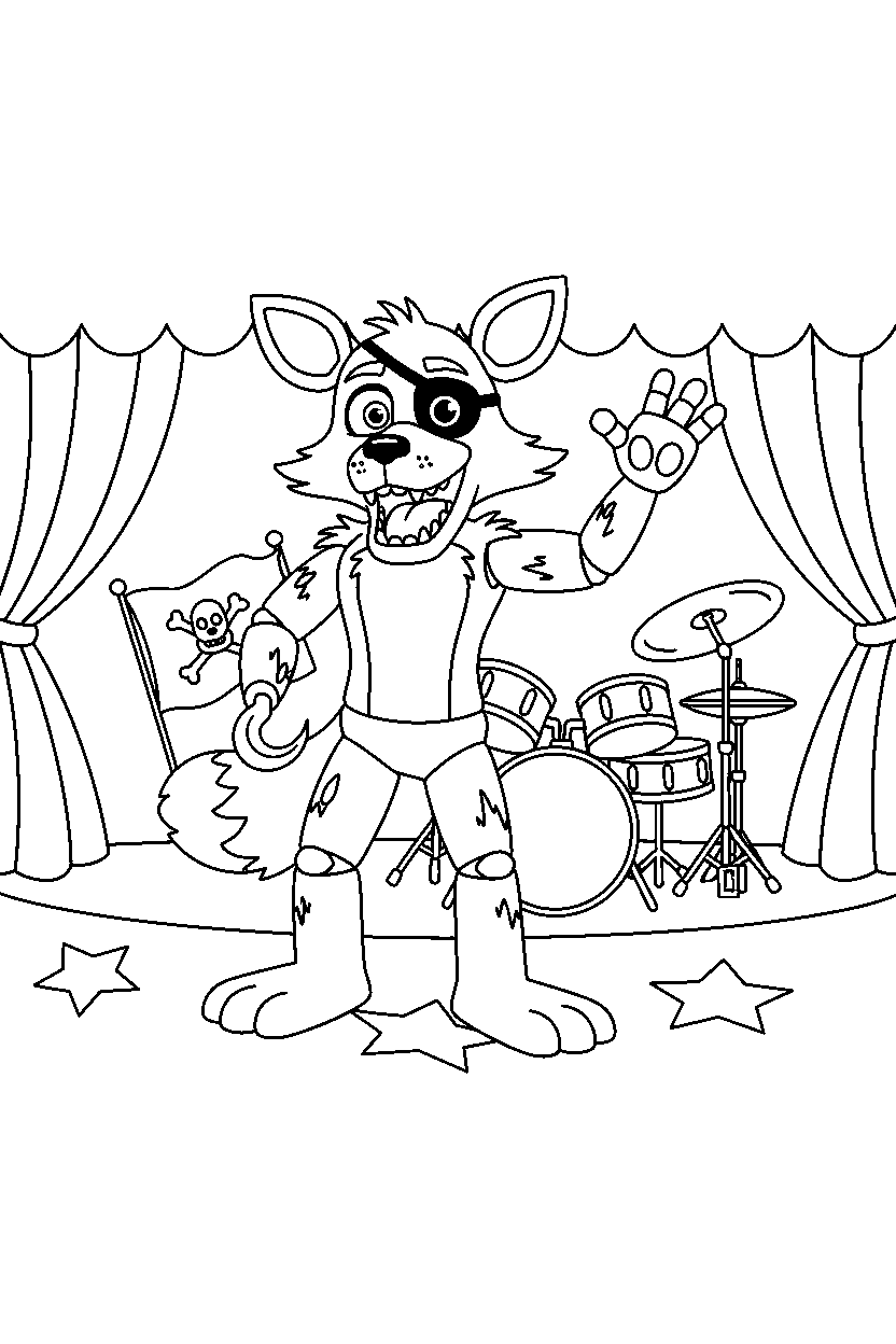 foxy the pirate fox from five nights at freddy s greeting happily in a show stage area line art