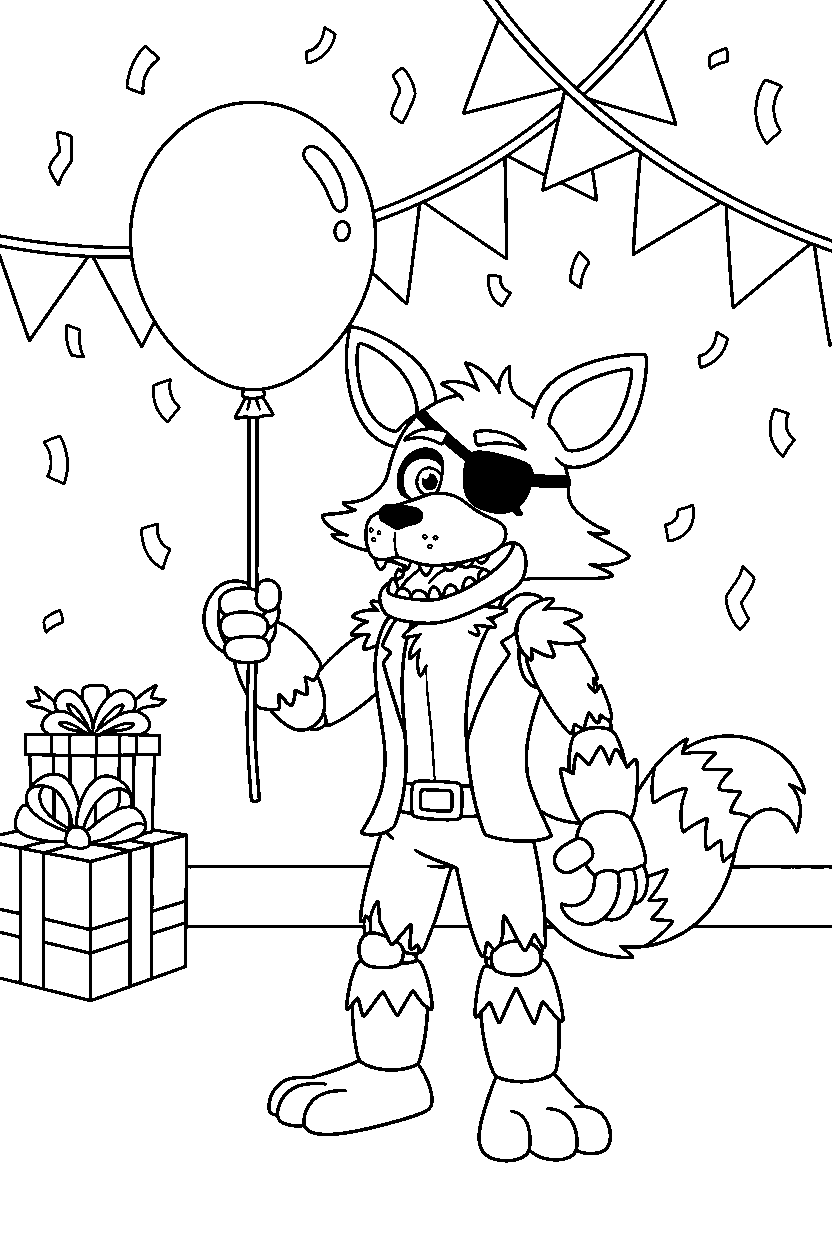 foxy the pirate fox from five nights at freddy s holding a balloon inside a cartoon party hall line art