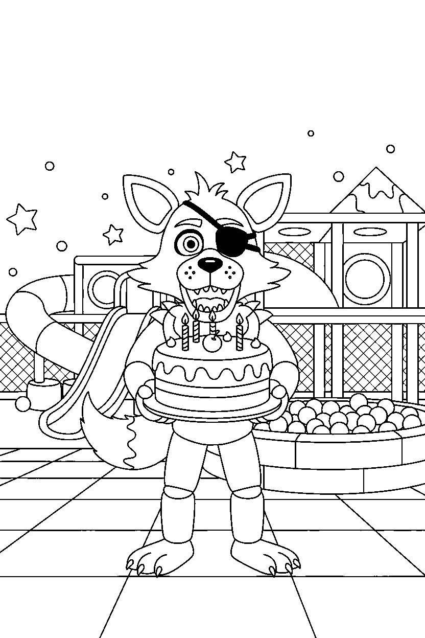 foxy the pirate fox from five nights at freddy s holding a cake inside an indoor play area line art