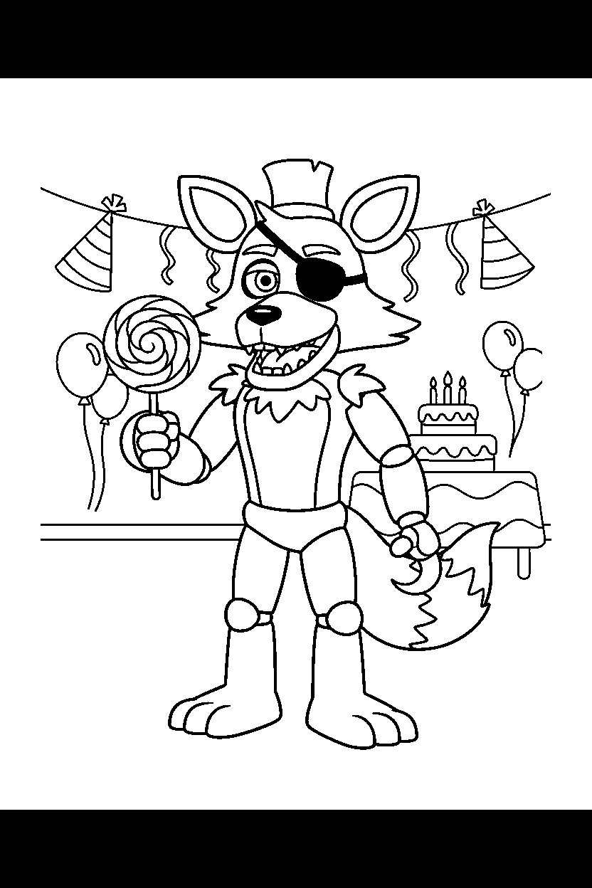 foxy the pirate fox from five nights at freddy s holding a candy in a colorful party hall line art