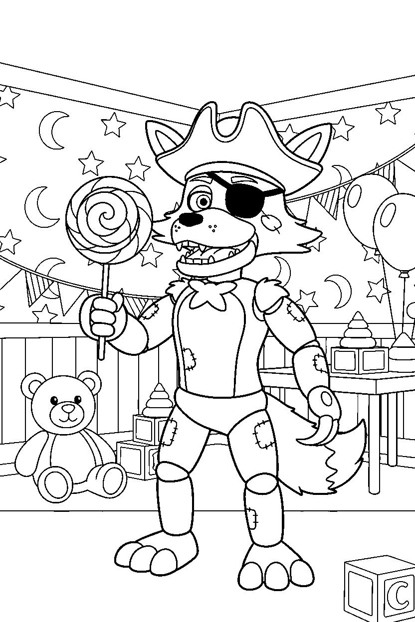 foxy the pirate fox from five nights at freddy s holding a candy in a decorated playroom line art