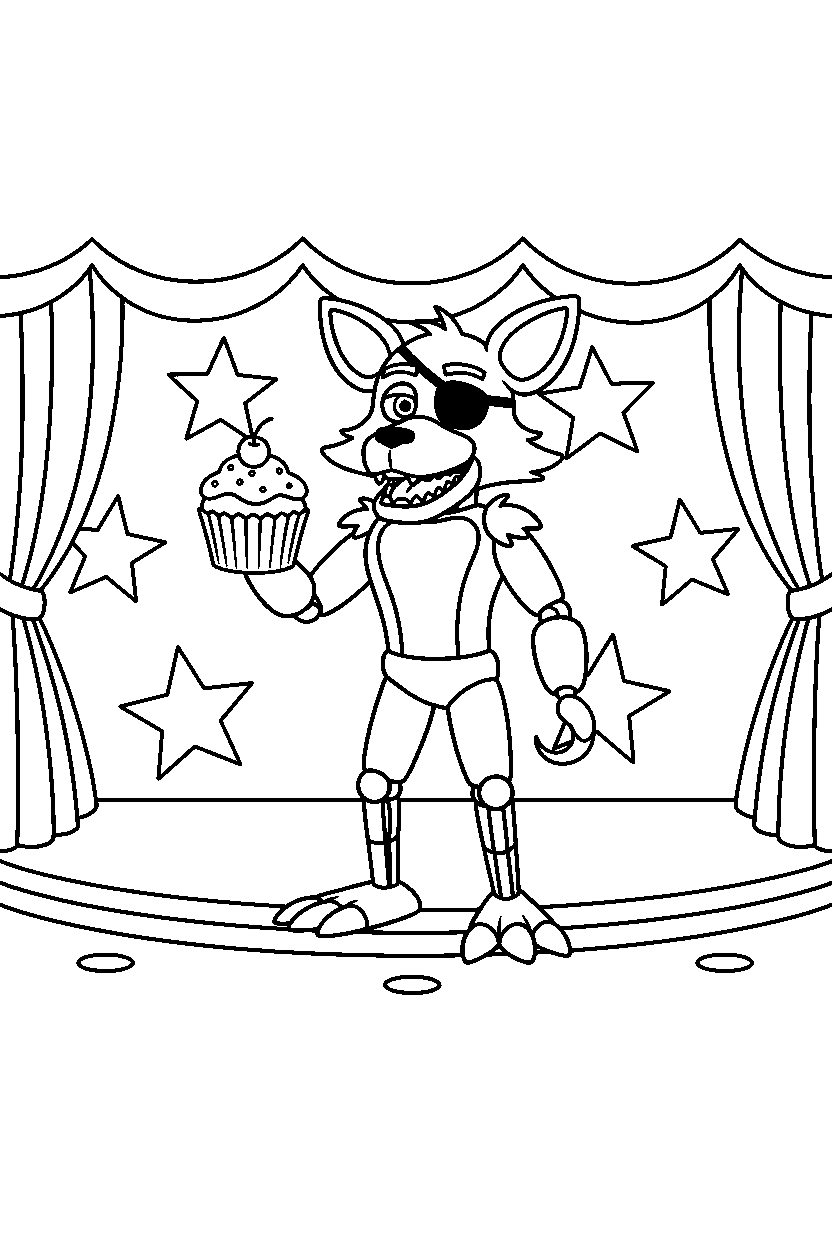 foxy the pirate fox from five nights at freddy s holding a cupcake in a show stage area line art
