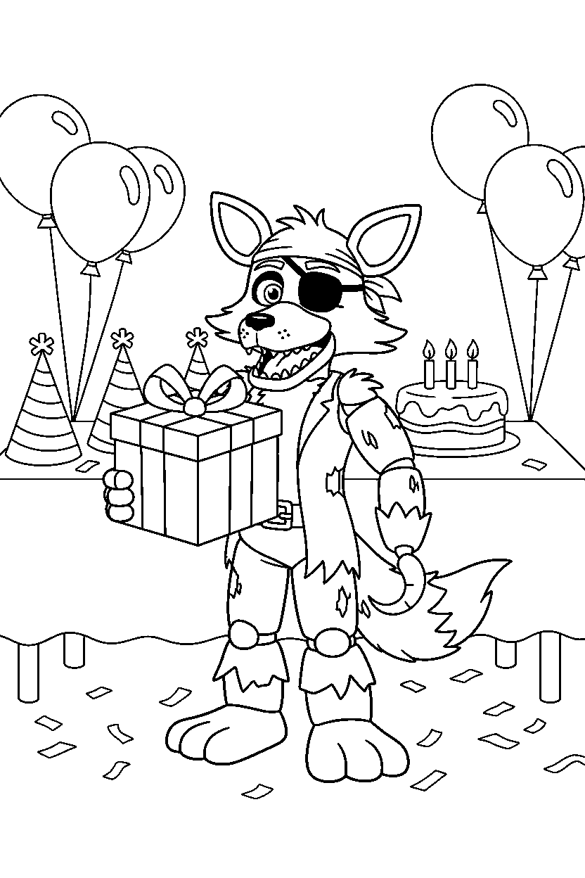 foxy the pirate fox from five nights at freddy s holding a gift box in a bright party room line art
