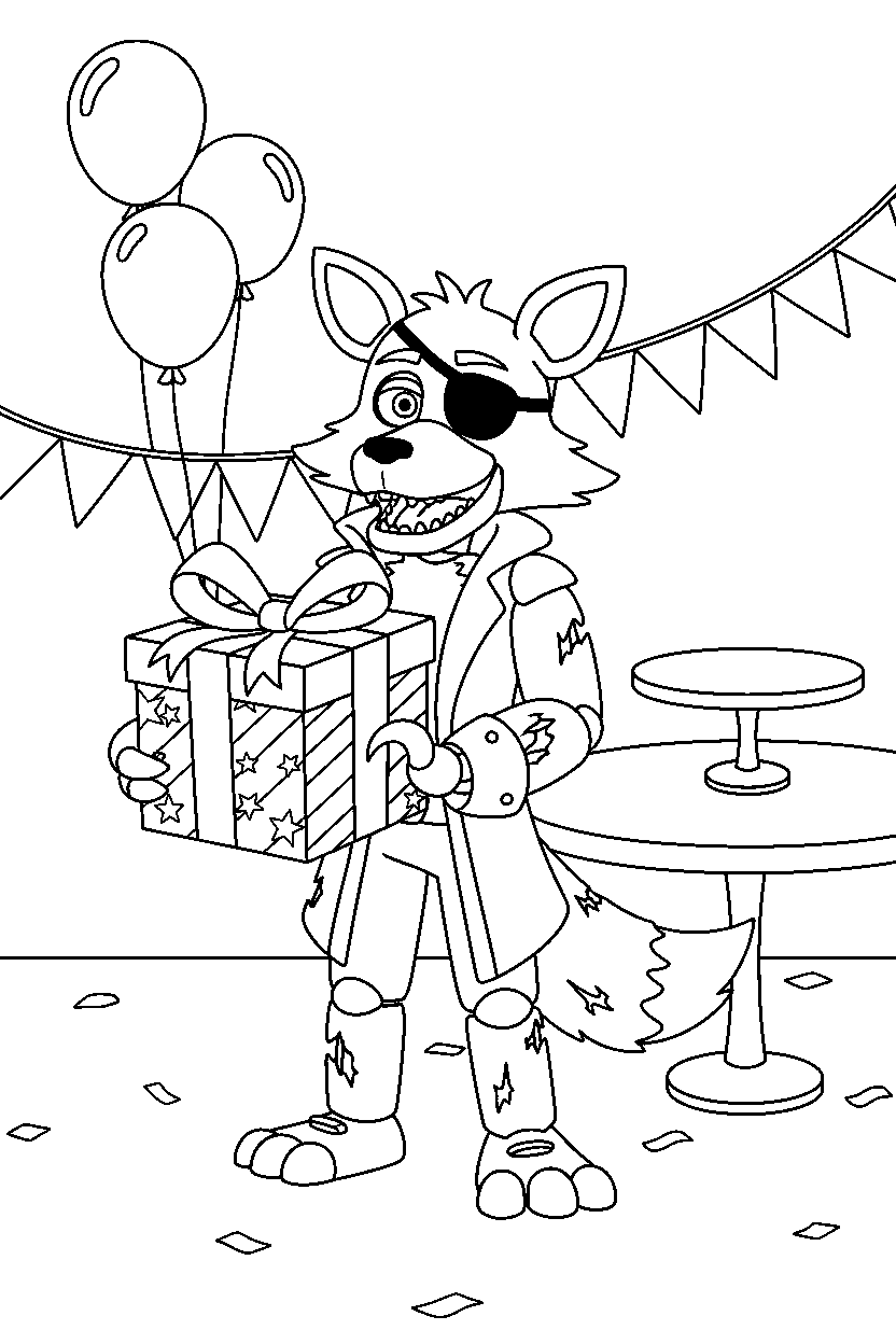 foxy the pirate fox from five nights at freddy s holding a gift box in a decorated party room line art