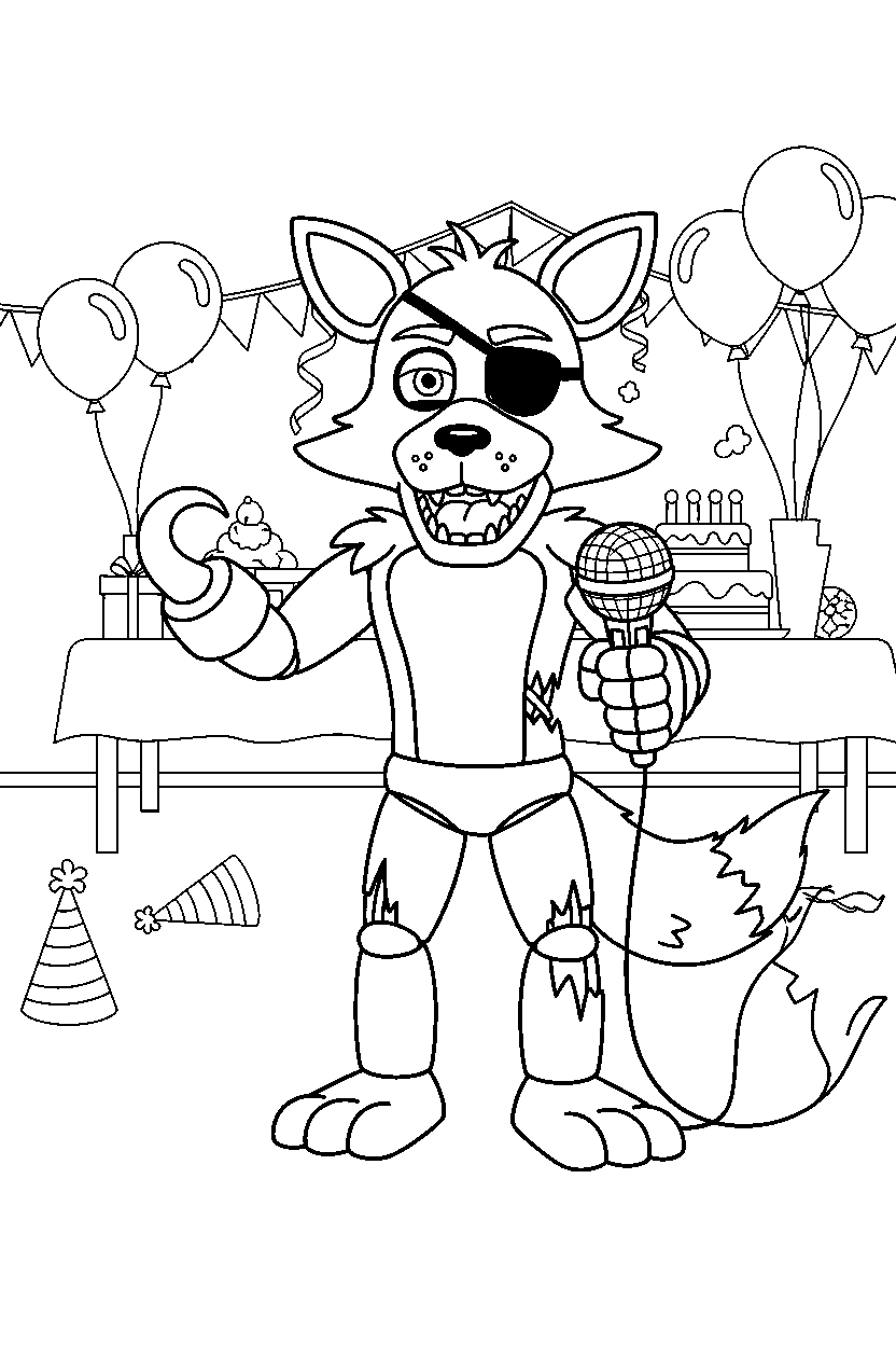 foxy the pirate fox from five nights at freddy s holding a microphone in a decorated party room line art