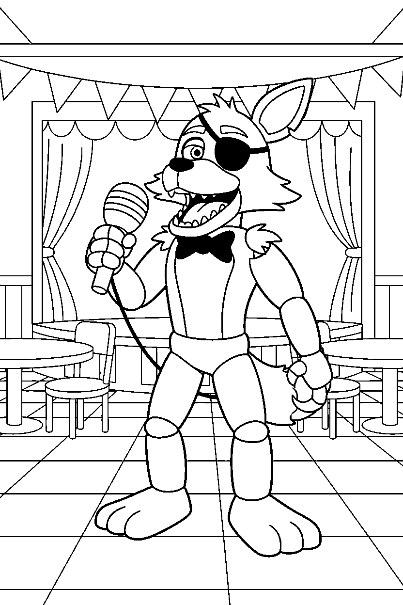 foxy the pirate fox from five nights at freddy s holding a microphone in a family restaurant line art