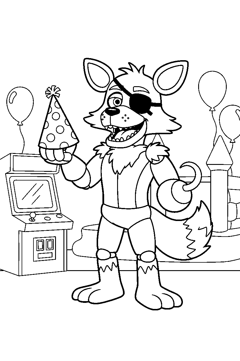 foxy the pirate fox from five nights at freddy s holding a party hat in a fun entertainment center line art