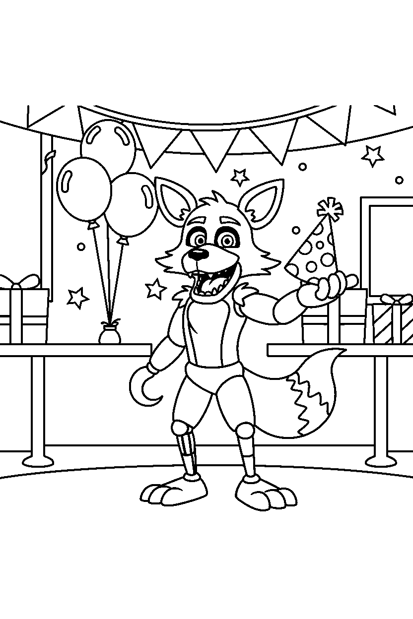 foxy the pirate fox from five nights at freddy s holding a party hat inside a cartoon party hall line art