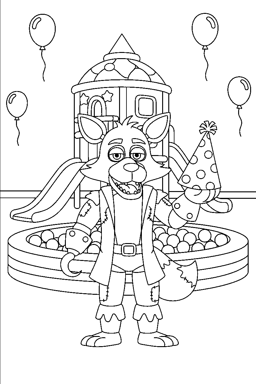 foxy the pirate fox from five nights at freddy s holding a party hat inside an indoor play area line art
