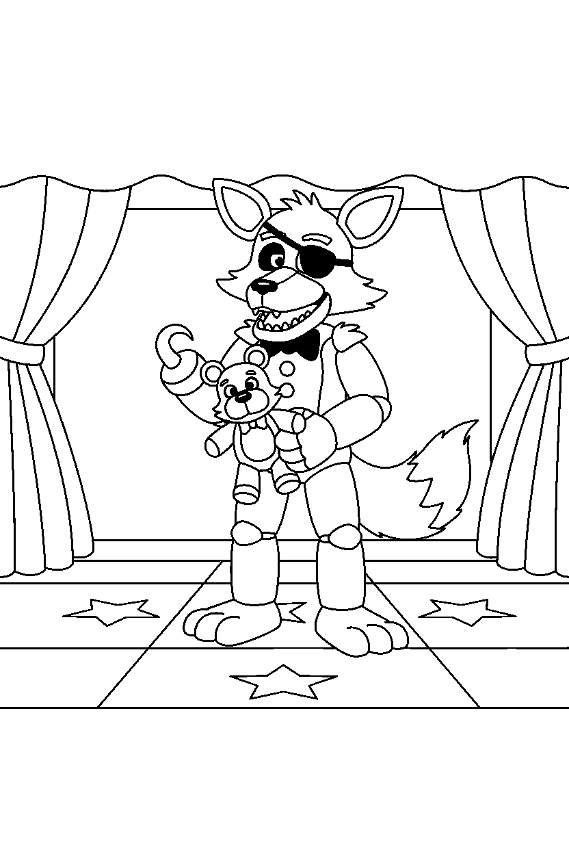 foxy the pirate fox from five nights at freddy s holding a plush toy in a show stage area line art