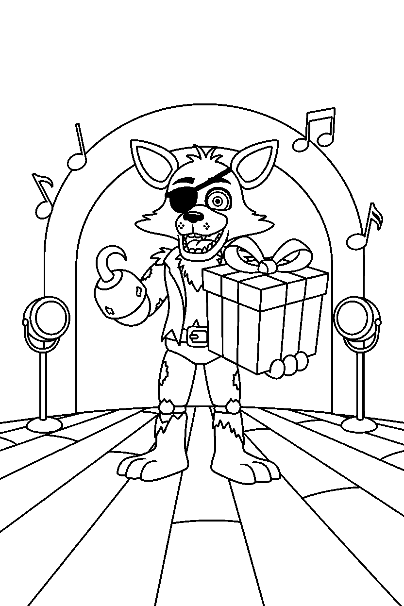 foxy the pirate fox from five nights at freddy s holding a present in a music stage hall line art