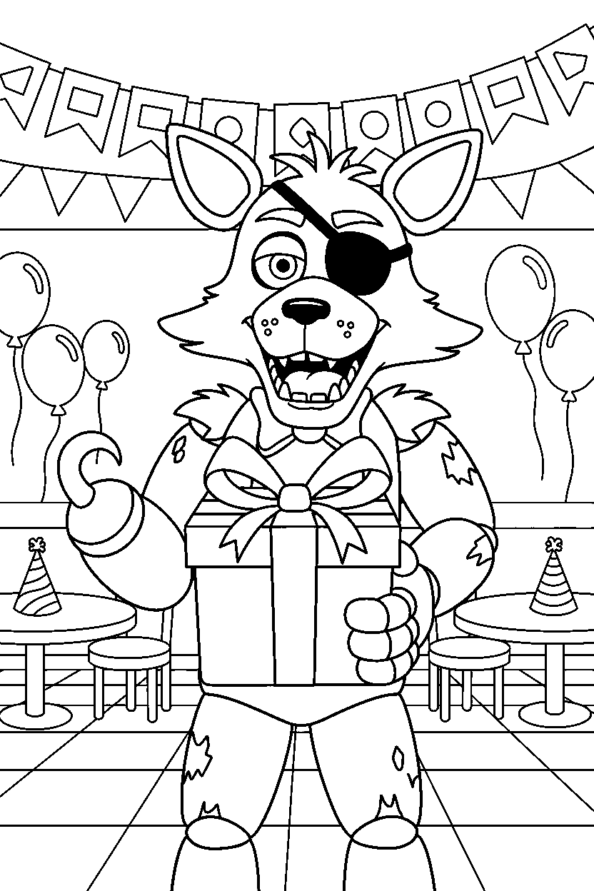 foxy the pirate fox from five nights at freddy s holding a present in a pizzeria dining area line art