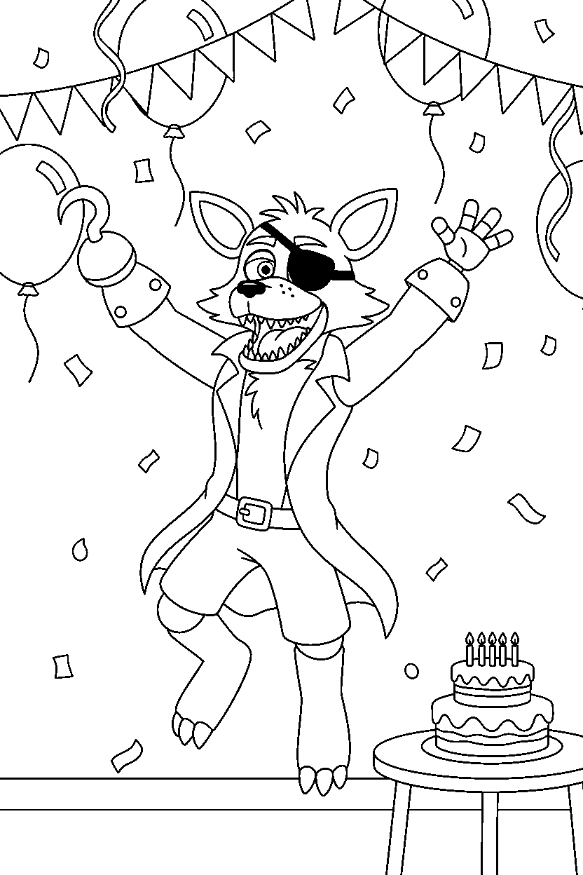 foxy the pirate fox from five nights at freddy s jumping happily in a birthday celebration room line art