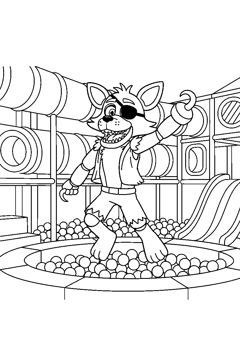 foxy the pirate fox from five nights at freddy s jumping happily inside an indoor play area line art