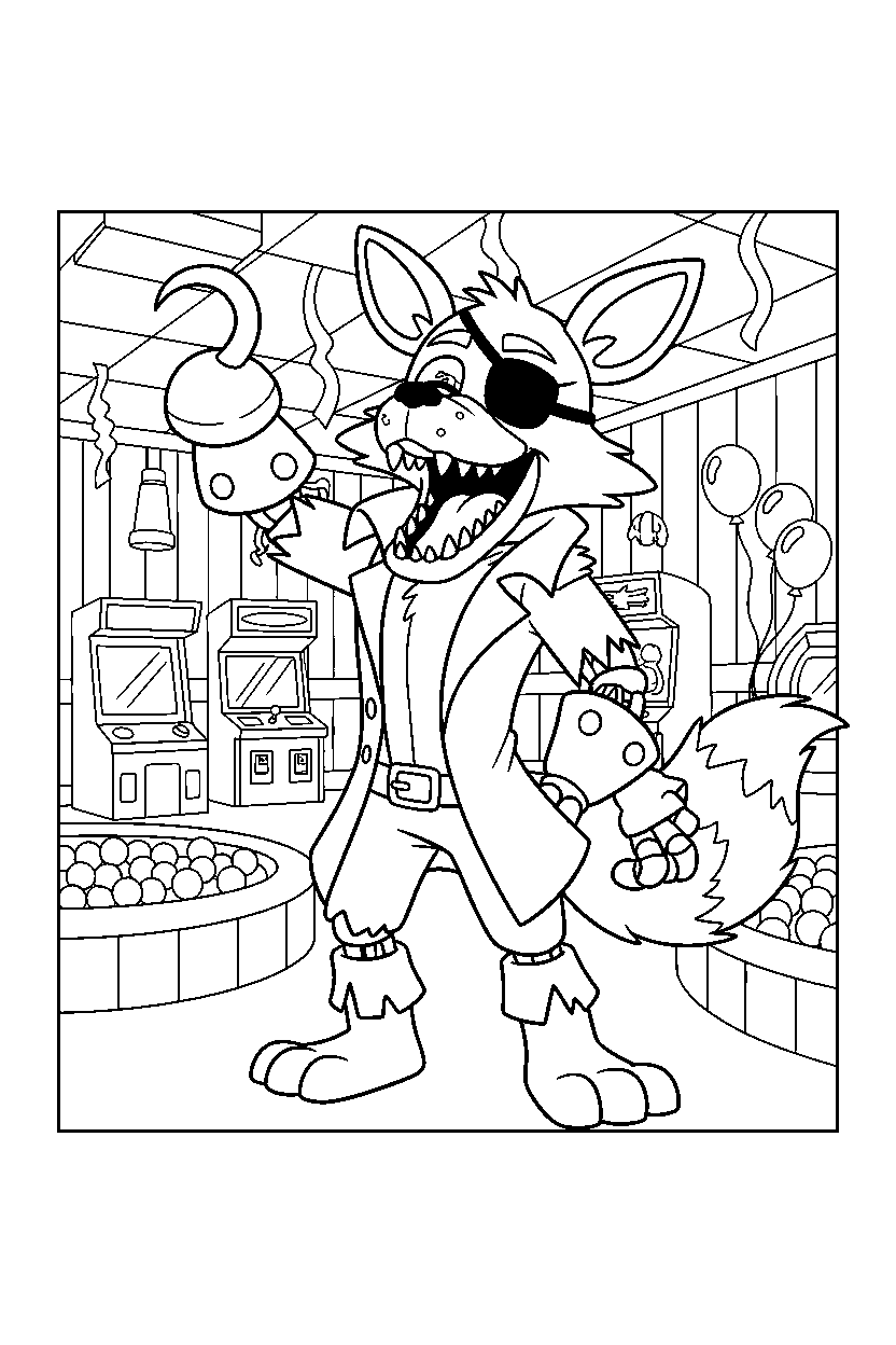foxy the pirate fox from five nights at freddy s laughing happily in a fun entertainment center line art